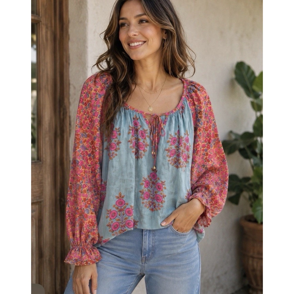 Natural Life M Magnolia Floral Boho Peasant Blouse Beaded Ties Teal Pink